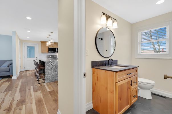 Bathroom, Interior, Kitchen, Pendant Lights, Recessed Lighting, Stainless Steel Appliances, Wood Texture Flooring