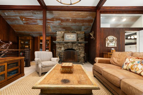Fireplace, Interior, Living room, Recessed Lighting, Wooden Walls