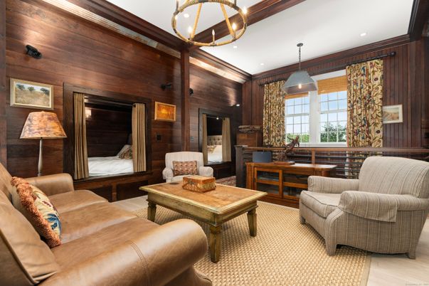 Interior, Living room, Pendant Lights, Recessed Lighting, Wood Texture Flooring, Wooden Walls
