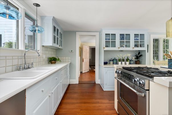 Interior, Kitchen, Pendant Lights, Stainless Steel Appliances, Wood Texture Flooring