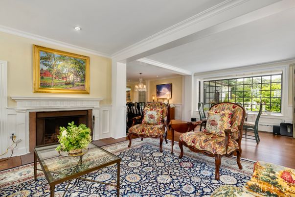 Chandelier, Dining room, Fireplace, Interior, Living room, Recessed Lighting, Wood Texture Flooring