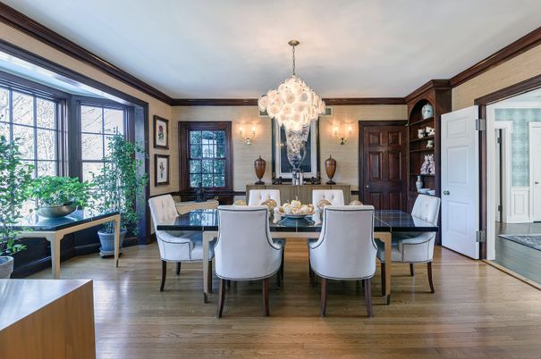 Chandelier, Dining room, Interior, Wood Texture Flooring