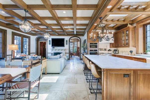 Chandelier, Fireplace, Interior, Kitchen, Living room, Pendant Lights, Recessed Lighting, Stainless Steel Appliances, Wooden Beams