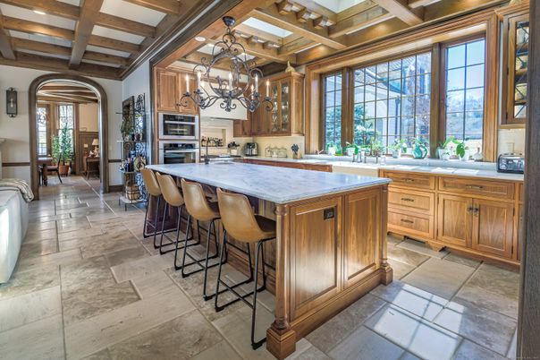 Chandelier, Interior, Kitchen, Recessed Lighting, Stainless Steel Appliances, Wooden Beams