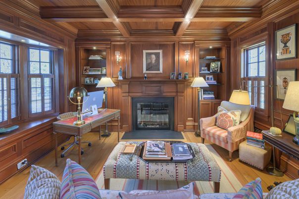 Fireplace, Home Office, Interior, Living room, Wooden Beams, Wooden Ceilings, Wood Texture Flooring, Wooden Walls