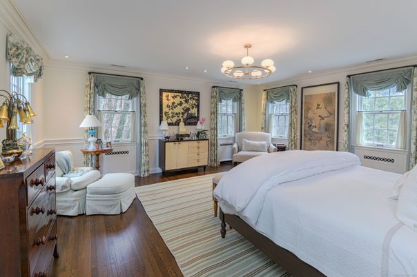 Bedroom, Chandelier, Interior, Recessed Lighting, Wood Texture Flooring