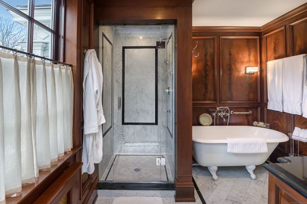 Bathroom, Free Standing Baths, Glass Shower, Interior, Marble, Marble Walls