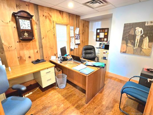 Home Office, Interior, Recessed Lighting, Wood Texture Flooring, Wooden Walls