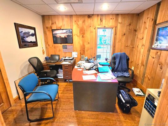 Home Office, Interior, Recessed Lighting, Wood Texture Flooring, Wooden Walls