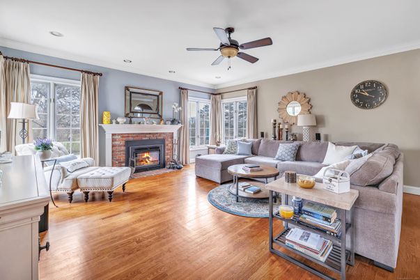 Fireplace, Interior, Living room, Recessed Lighting, Wood Texture Flooring