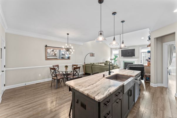 Dining room, Fireplace, Interior, Kitchen, Living room, Pendant Lights, Recessed Lighting, Wood Texture Flooring