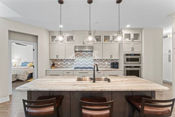 Bedroom, Interior, Kitchen, Pendant Lights, Recessed Lighting, Stainless Steel Appliances, Wood Texture Flooring