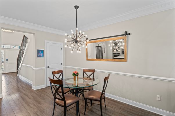 Dining room, Interior, Pendant Lights, Wood Texture Flooring