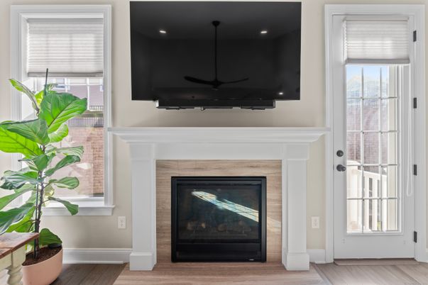 Fireplace, Interior, Recessed Lighting, Wood Texture Flooring