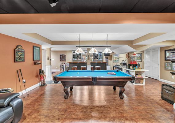 Billiard Table, Game Room, Interior, Pendant Lights, Wood Texture Flooring
