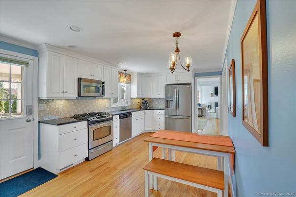 Chandelier, Interior, Kitchen, Pendant Lights, Stainless Steel Appliances, Wood Texture Flooring