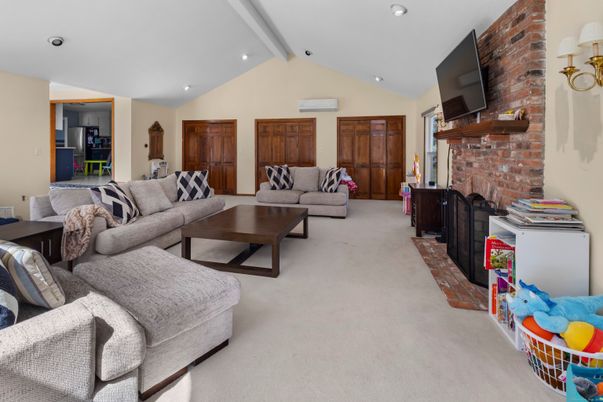 Fireplace, Interior, Living room, Recessed Lighting, Stone Walls
