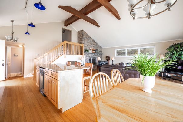 Dining room, Fireplace, Interior, Kitchen, Living room, Pendant Lights, Stone Walls, Wooden Beams, Wood Texture Flooring