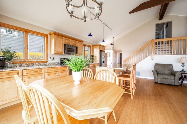 Chandelier, Dining room, Interior, Kitchen, Pendant Lights, Wooden Beams, Wood Texture Flooring