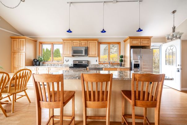 Interior, Kitchen, Pendant Lights, Stainless Steel Appliances, Wood Texture Flooring