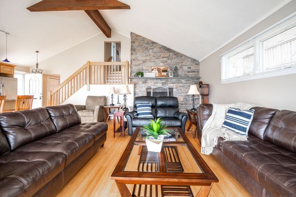 Fireplace, Interior, Living room, Pendant Lights, Stone Walls, Wooden Beams, Wood Texture Flooring