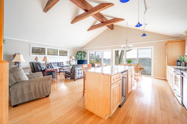 Dining room, Interior, Kitchen, Living room, Pendant Lights, Wooden Beams, Wood Texture Flooring