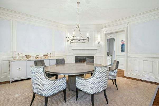 Chandelier, Dining room, Fireplace, Interior, Wood Texture Flooring