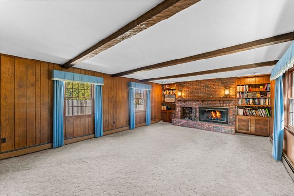 Empty room, Fireplace, Interior, Stone Walls, Wooden Beams, Wooden Walls