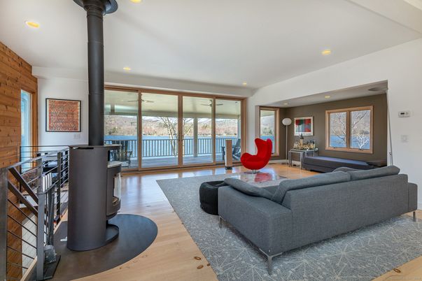 Fireplace, Interior, Living room, Recessed Lighting, Wood Texture Flooring, Wooden Walls