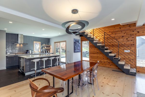Dining room, Interior, Kitchen, Pendant Lights, Recessed Lighting, Wood Texture Flooring, Wooden Walls