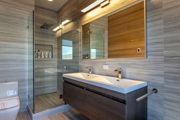 Bathroom, Glass Shower, Interior, Recessed Lighting, Wood Texture Flooring