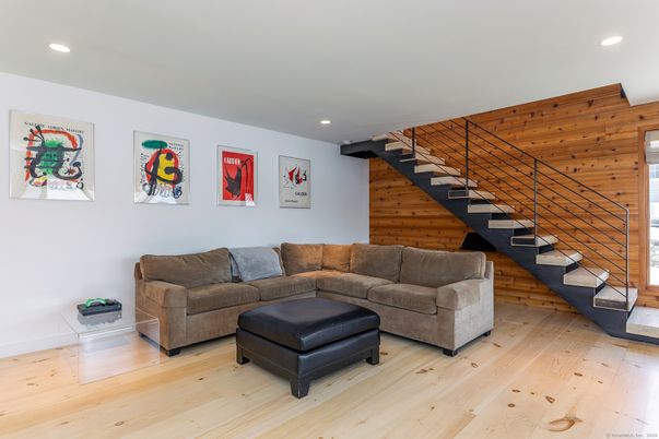 Interior, Living room, Recessed Lighting, Wood Texture Flooring, Wooden Walls