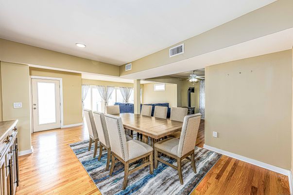 Dining room, Interior, Recessed Lighting, Wood Texture Flooring