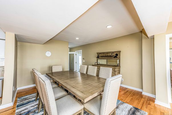 Dining room, Interior, Recessed Lighting, Wood Texture Flooring