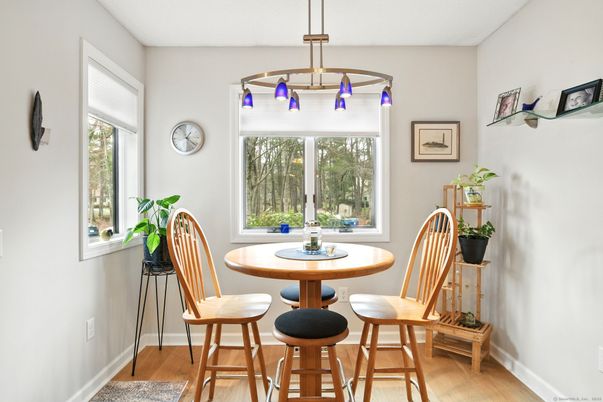 Dining room, Interior, Pendant Lights, Wood Texture Flooring