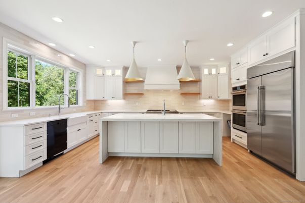 Interior, Kitchen, Pendant Lights, Recessed Lighting, Stainless Steel Appliances, Wood Texture Flooring
