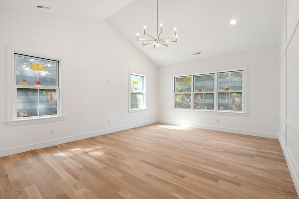 Empty room, Interior, Pendant Lights, Recessed Lighting, Wood Texture Flooring