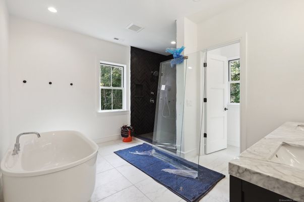 Bathroom, Free Standing Baths, Glass Shower, Interior, Marble, Recessed Lighting