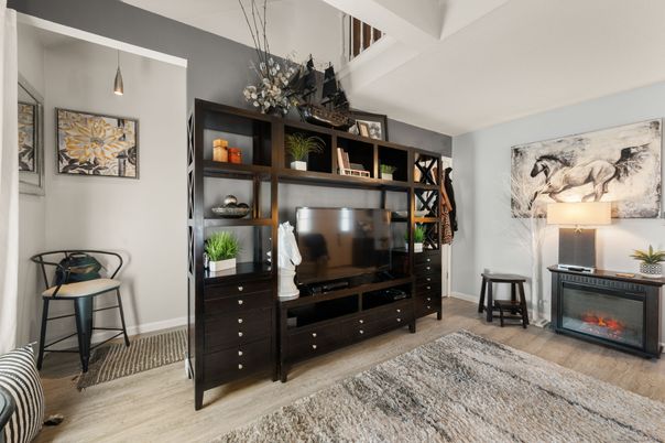 Fireplace, Interior, Pendant Lights, Wood Texture Flooring