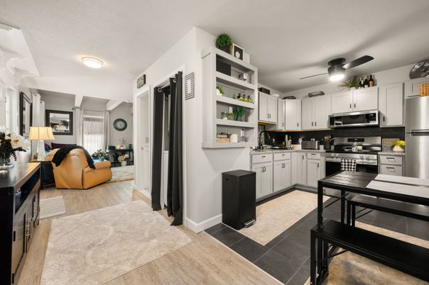 Interior, Kitchen, Living room, Stainless Steel Appliances, Wood Texture Flooring