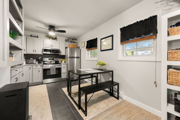 Dining room, Interior, Kitchen, Stainless Steel Appliances, Wood Texture Flooring