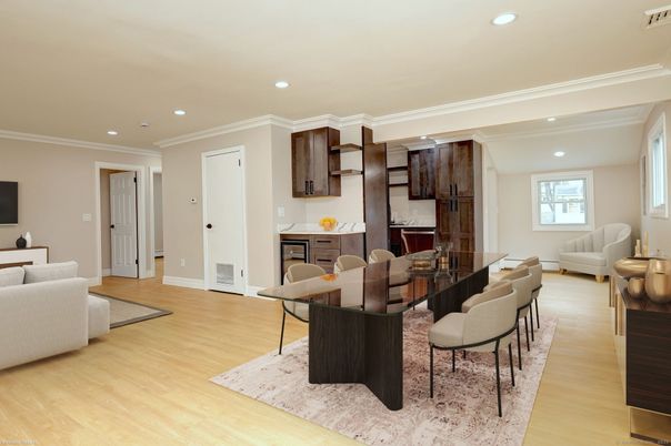 Dining room, Interior, Kitchen, Recessed Lighting, Wood Texture Flooring