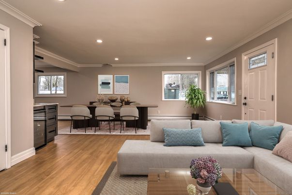 Dining room, Interior, Living room, Recessed Lighting, Wood Texture Flooring