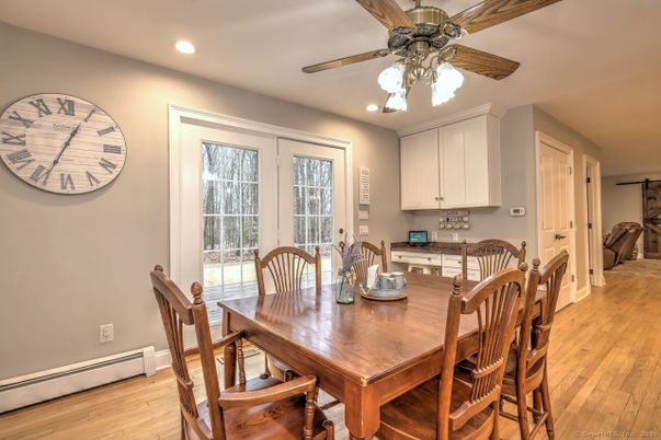 Dining room, Interior, Recessed Lighting, Wood Texture Flooring