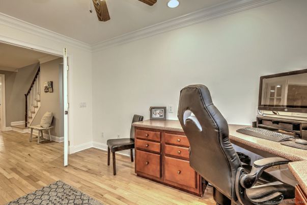 Home Office, Interior, Recessed Lighting, Wood Texture Flooring