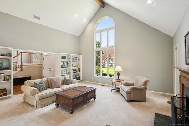 Fireplace, Interior, Living room, Recessed Lighting, Wooden Beams