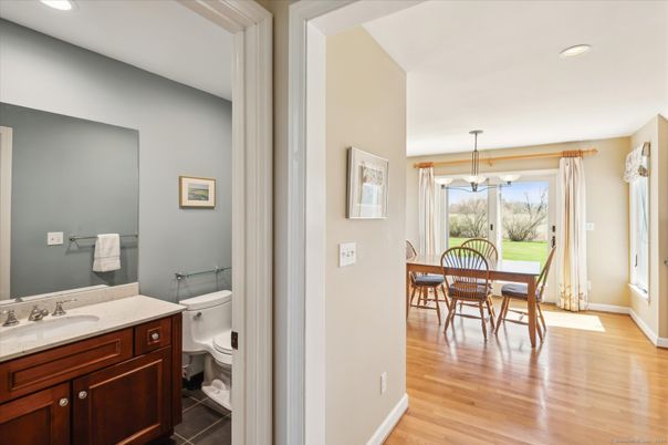 Bathroom, Dining room, Interior, Pendant Lights, Recessed Lighting, Wood Texture Flooring