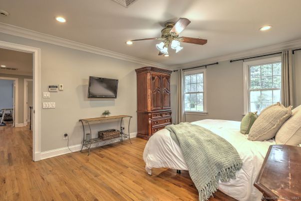 Bedroom, Interior, Recessed Lighting, Wood Texture Flooring