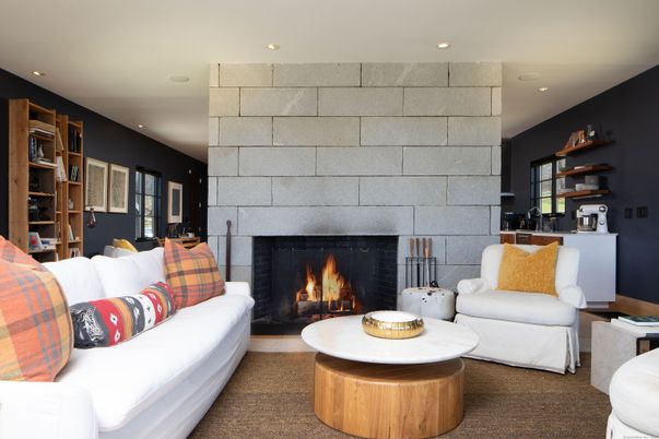 Fireplace, Interior, Living room, Recessed Lighting, Stone Walls