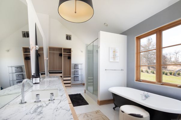 Bathroom, Dual Sink Vanities, Free Standing Baths, Glass Shower, Interior, Marble
